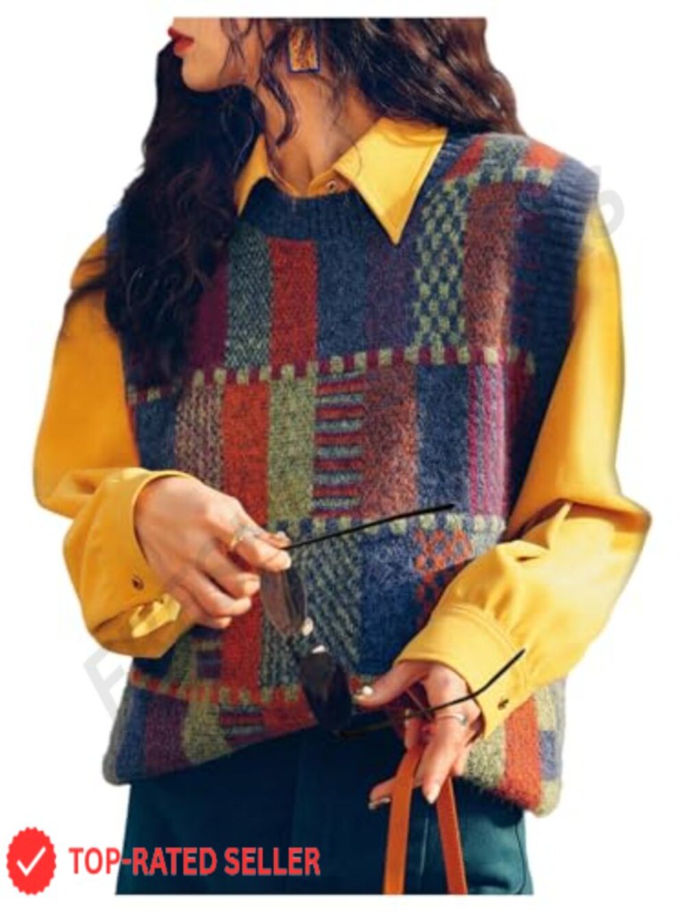 Sleeveless Plaid Sweater Vest Crewneck Fall Pullover